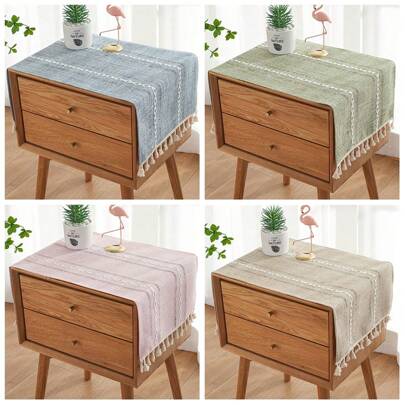 1 件波西米亚风格蓝色矩形桌布，带流苏和条纹图案，100% 涤纶编织桌布，适用于梳妆台、床头柜、橱柜、家居家具防尘罩装饰