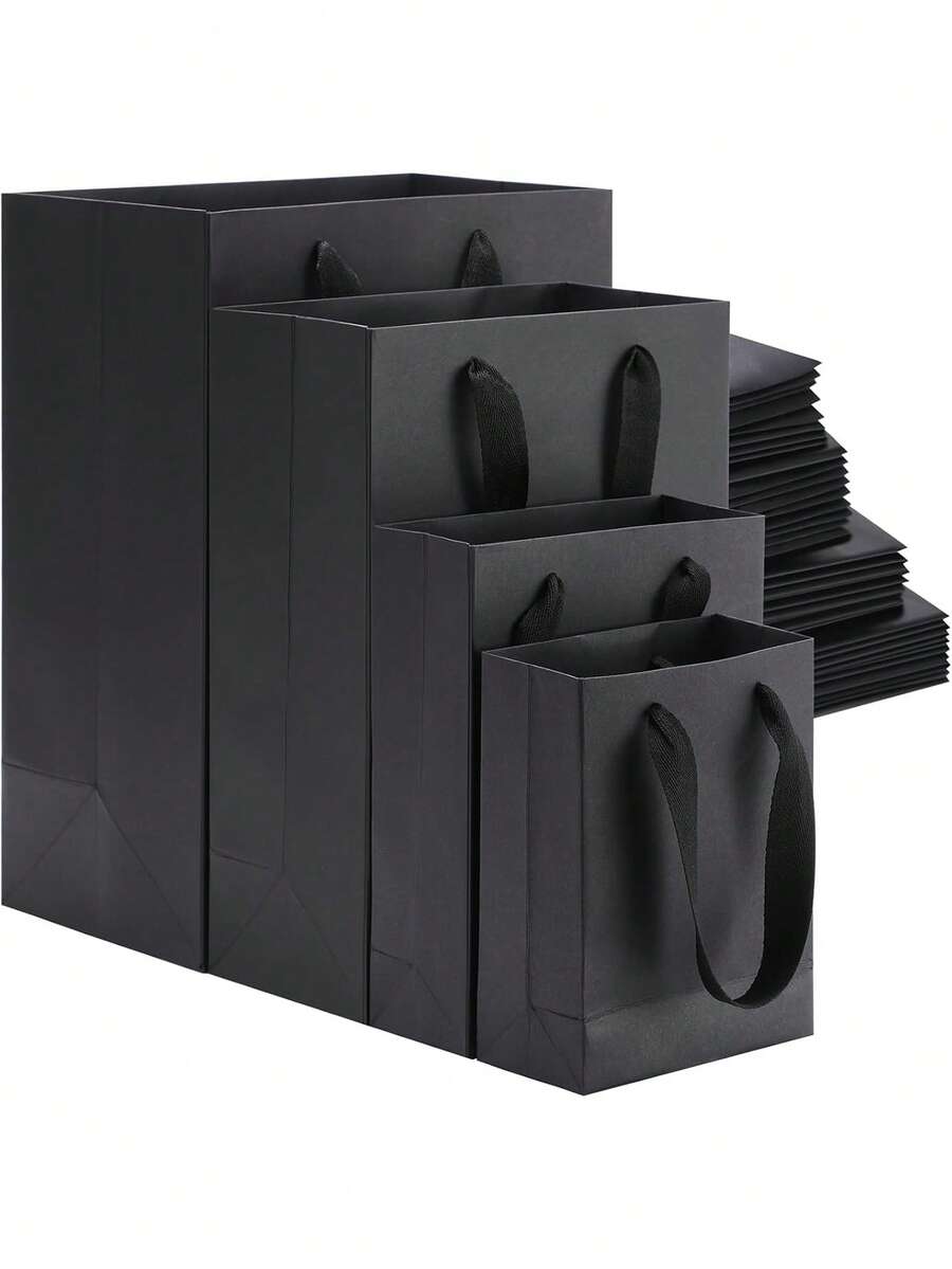 10入牛皮紙禮品袋附手把,4種尺寸,糖果袋,布製手把,禮品包裝袋,甜點袋,購物袋,商品袋,適用於商家、精品店、派對禮物 - 黑色 - 查看 1