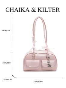 CHAIKA & KILTER 1 件女士亮面 PU 皮革单肩包，时尚多口袋大容量波士顿保龄球包，带拉链开合，适合日常和户外使用（与吊坠一起出售） - 粉色 - 查看 3