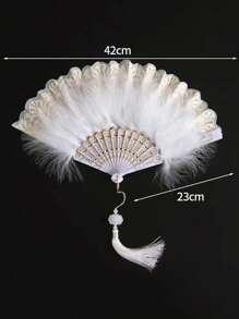 1pc Women Retro Feather Lace Folding Fan, Classical Dance Cheongsam Prop, Stage Performance Hand Held Fan For Costume Party