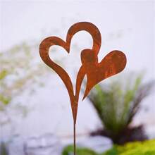1PC Rusty Heart-Shaped Garden Stake, Metal Garden Decor, Wedding Valentine'S Day Decorations, Rust-Colored Double Hearts Garden Stakes For Flower Pots Lawns Courtyards, Spring Summer Decorations