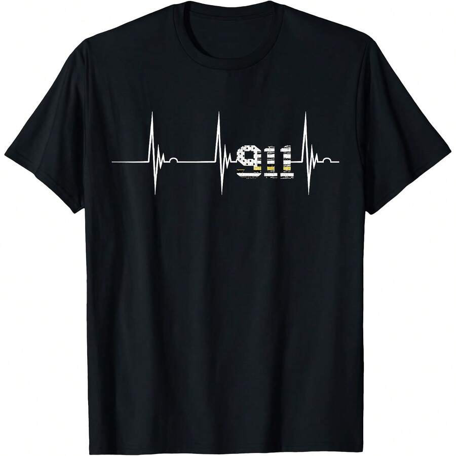.Dispatcher 911 Vintage USA Flag Heartbeat EKG Pulse Dispatch T-Shirt - 黑色 - 查看 1