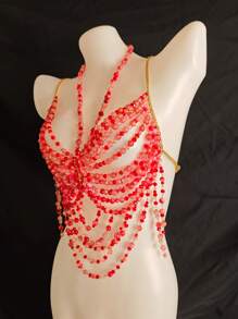 Unisex Body Chain, Couple's Intimate Accessories, Bra Decor, Sexy For Nightclub, Music Festival, Rhombus & Floral Print, Glitter, Romantic French, Pastoral Mature Charm, Luxurious Classic Sexy Acrylic Beaded Tassel Rhinestone Fringe