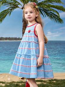 Vestido sin mangas con bloques de color a cuadros y corazón de fresa para niñas de la marca ASK JUNIOR - Azul - Ver 7