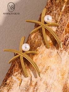 MamacitaSlay 2pcs Set Fashionable Stainless Steel 18K Gold Plated Exaggerated Palm Tree Pearl Stud Earrings - Earrings - View 2