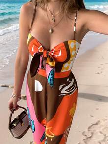 Femmes Été Mode Sexy Combinaison à Bretelles Spaghetti avec Nœud à l'avant Imprimé Floral, Pantalon Jambe Large Convient pour Vacances Loisirs, Déplacements Quotidiens, Plage Voyage - orange - Voir 1
