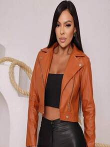 Women's Faux Leather Jacket Synthetic Leather Blouse With Zipper - 駝色 - 查看 4