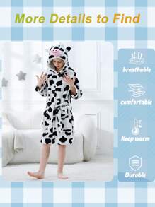 MICHLEY MICHLEY 1pc Kids Hooded Bathrobe With Belt Pockets Cartoon Animal Cow Style Soft And Comfortable Nightgown Unisex Suitable For Living Room, Swimming Pool, Bathroom Kids Gift