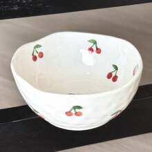 1 pieza Bol de cerámica hecho a mano de 300ml con diseño asimétrico minimalista moderno, pintado a mano con cerezas rojas, bol de cerámica redondo para ensaladas, postres, aperitivos, apto para uso doméstico, regalo de Año Nuevo y cumpleaños, regalo del Día de la Mujer 3.8, apto para lavavajillas y microondas, regalo ideal para restaurantes, aficionados a la cocción y reuniones, útiles escolares