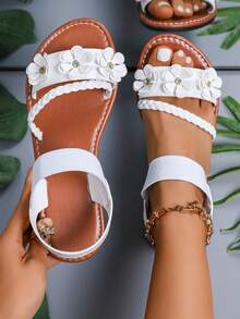 Plus Size Slip-On Flat Sandals, Sweet Floral Woven Design, Fashionable & Breathable, Comfortable For Students - White - View 6