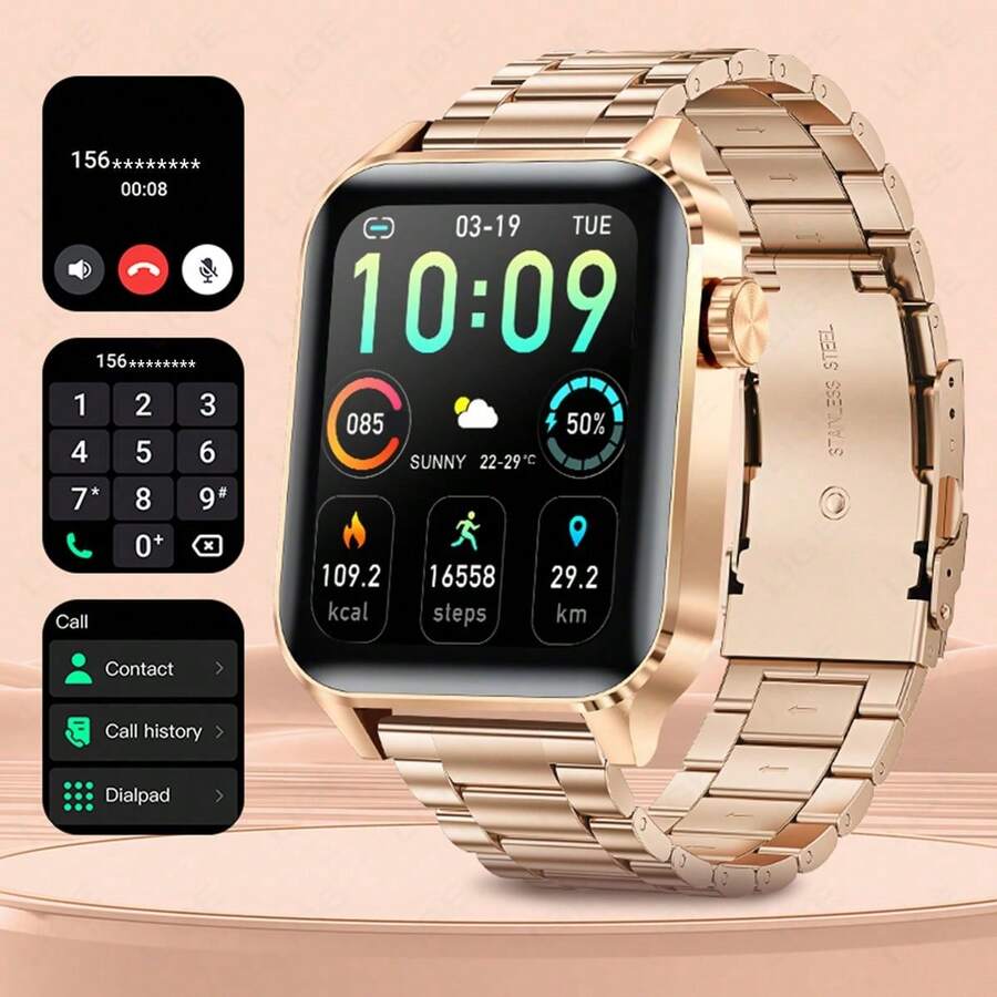 LIGE时尚智能手表，方形表盘，计步，计时，运动，无线通话，音乐播放，闹钟提醒，多功能女士智能手表