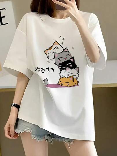 Japanese Style Women Loose Round Neck Casual Versatile Cartoon Print Short Sleeve T-Shirt, Spring/Summer
