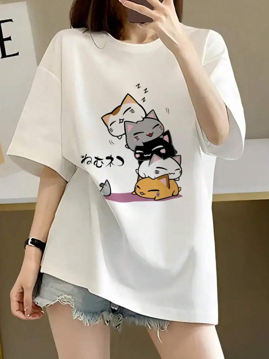 Japanese Style Women Loose Round Neck Casual Versatile Cartoon Print Short Sleeve T-Shirt, Spring/Summer