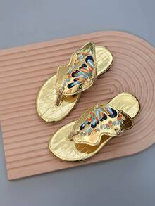 Summer Versatile Color Blocking Butterfly Design - Round Toe T-Strap Flat Sandals - Noble, Comfortable, Versatile, Solid Color Fashion Simple Beach Style - Gold - View 1