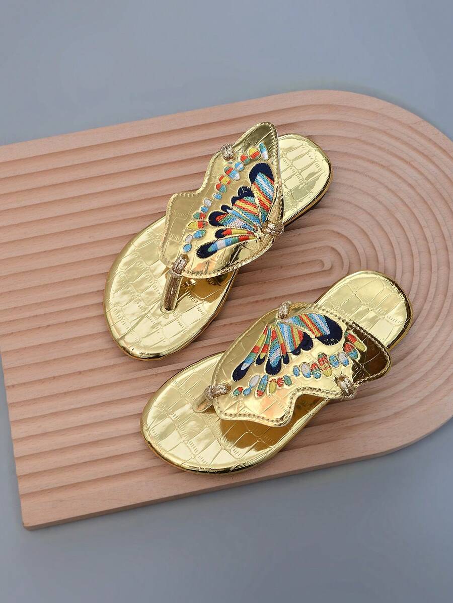 Summer Versatile Color Blocking Butterfly Design - Round Toe T-Strap Flat Sandals - Noble, Comfortable, Versatile, Solid Color Fashion Simple Beach Style - Gold - View 1