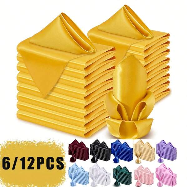 6/12 Pcs Elegant Satin Square Napkins - 16.93x16.93 Inches, Soft Polyester, Multi Colors (Gold, Burgundy, Black, White, Teal, Pink) For Wedding, Party And Romantic Dinner Decor, Cloth Napkins