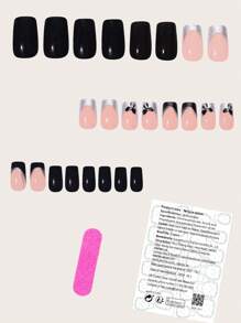 24 Peças Kit de Unhas Postiças de Formato Quadrado Curto para Outono e Inverno, Flores Elegantes Rosa Quente e Folha de Ouro Brilhante, Ajusta-se Perfeitamente, Kit de Unhas Falsas de Cobertura Completa, Inclui 1 Peça Folha de Adesivos e 1 Peça Lixa Miniatura, Para Mulheres Uso Diário, Escritório, Festa em Casa, Acessórios de Joias, Pontas de Unhas Falsas, 1 Peça Tira de Lima Gel Gelatina Envio Aleatório