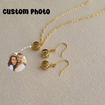 1 par de brincos personalizados de ouro com projeção de foto em aço inoxidável com imagem interna, joias para presente para ela