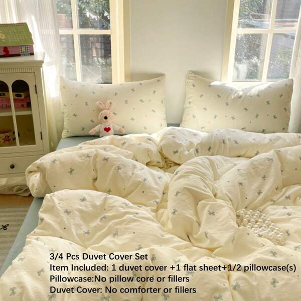 3/4pcs Bowknot Bedding Set, Soft Breathable Microfiber Bed Linens Set, Heart Bowknot Print, Pink Bow, Blue Bow, Bed Sheets Set, Suitable For Kids Girls Girl (1 Duvet Cover + 1 Flat Sheet + 1/2 Pillowcase, Without Filler)
