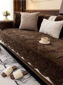 1pc Thick Faux Rabbit Fur Winter Warm Sofa Cover - Elegant Beige With Floral & Leaf Patterns, Pet-Friendly, Non-Slip, Machine Washable Couch Protector For 1 To 4-Seater Sofas - Ideal For Living Room, Bedroom, Office Decor, Sofa Covers For Living Room