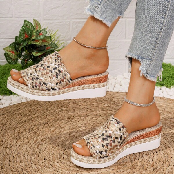 2024 New Design Women Colorful Woven Wedge Heel Platform Sandals