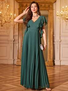 雪纺简约性感荷叶边 V 领鸡尾酒会婚纱、礼服、正式礼服、晚礼服、婚礼宾客礼服 - 墨綠色 - 查看 5