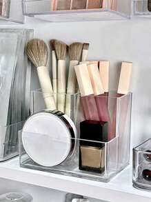 1pc Multi-Compartment Transparent Makeup Organizer Box, Desktop Storage Container For Cosmetics, Brushes, Lipsticks, Multifunctional, Back To School