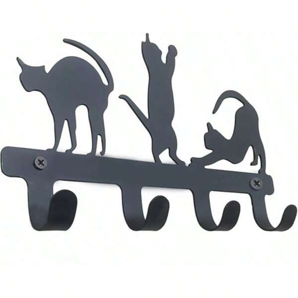 Decorative Black Metal Wall Hook, 24 X 16 Cm, Cat-Shaped Keychain Holder