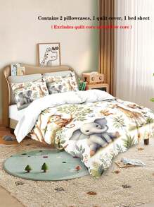 Juego de ropa de cama de 4 piezas con diseño de paisaje vívido con monos, elefantes y jirafas del bosque, que incluye funda nórdica con cremallera y estampado digital, adecuado para dormitorio, pensión, (1*Funda nórdica + 2*Fundas de almohada + 1*Sábana), regalo perfecto de primavera/verano para amantes de los dibujos animados