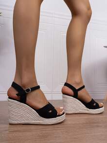 Women's Spring/Summer Buckle Strap Holiday Style Black Wedge Platform Sandals,Wedge Sandals - Black - View 6