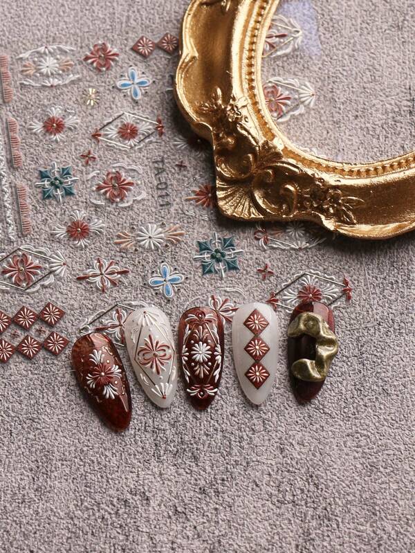 Adesivo de Alívio de Padrão Boho para Manicure, Adesivo de Arte de Manicure de Padrão Árabe com Alívio, Impressão Metálica 5D Autoadesiva Design de Unhas para Unhas Acrílicas, Suprimentos de Arte de Unhas para Meninas e Feriados, DIY, Y2K