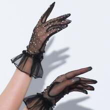 Lace Net Mesh Sheer Elastic Gloves, Sexy And Elegant With Rhinestones, Lightweight Breathable For Party, Summer Protection - Transparent Tulle Lace Diamond Gloves - View 11
