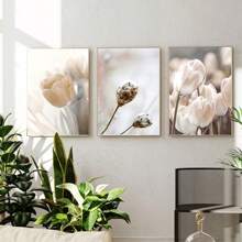 1/3Pcs Botanical Wall Arts, Beige Abstract Flower Canvas Posters Mural Decoration Beige Abstract Art Neutral Plant Printing,Optional Frame,Suitable For Living Room, Bedroom, Kitchen, Dining Room, Bathroom, Office Decoration ,Wall Art With Frame