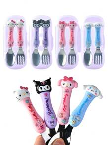 Sanrio 2 pezzi Set di posate Sanrio Hello Kitty, Kuromi, My Melody, Cinnamoroll, in acciaio inossidabile 304, con bacchette, cucchiaio e forchetta a tema cartone animato, set di stoviglie portatile con scatola di immagazzinaggio, articoli scolastici