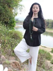 LUCIDVUE 1pc Women Chinese Style Mandarin Collar Long Sleeve Loose Blouse, Vintage Inspired Casual Spring/Summer Top - Black - View 5