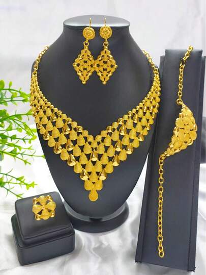 Bộ trang sức gồm 5 chiếc vòng cổ, hoa tai, vòng tay, nhẫn mạ vàng dành cho nữ, trang phục thời trang dành cho người Châu Âu, Châu Phi, phong cách cổ điển, cô dâu Dubai, đám cưới, tiệc tùng, ngày của mẹ, lễ tốt nghiệp, sinh nhật, ngày lễ, trang phục hàng ngày