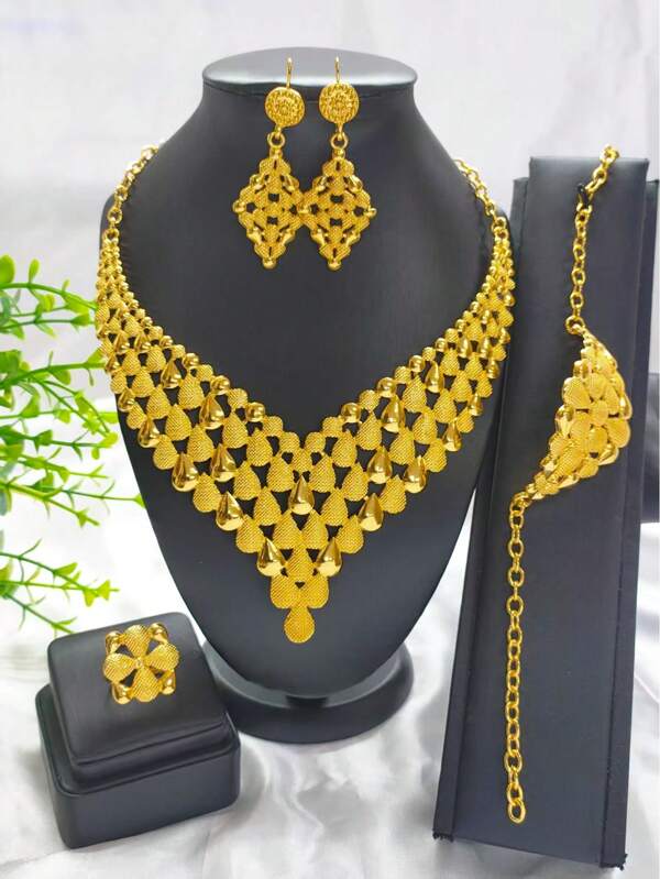 5pcs Women's Gilded Bib Necklace, Earrings, Bracelet, Ring Jewelry Set, Fashionable Wear For European, African, Retro Style, Dubai Bride, Wedding, Party, Mother's Day, Graduation, Birthday, Holiday, Daily Wear Jewel Accessories