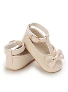 Newborn Infant Girls Princess Style Bow Decor Mary Jane Shoes, Non-Slip Rubber Sole Soft Walking Flats