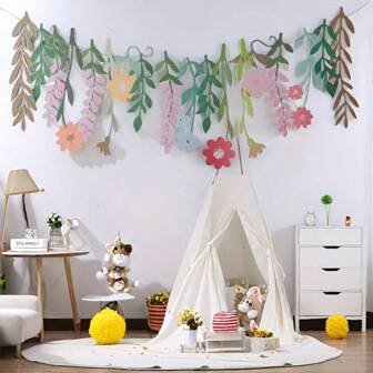 Chic Double-Sided Paper Floral Banner Colorful Wildflower & Leaf Design Hanging Garland Decorations For Weddings, Gift,Birthday Party Favors, Bridal Showers,Bedrooms & More - Easy Hang With Golden Thread Included Mother's Day Graduation