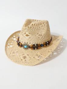 1 件女士夏季锆石装饰链条镂空透气太阳帽，男女通用时尚个性爆款西部牛仔帽遮阳帽，适合海滩旅行，日常防晒 - 禮帽 - 查看 18