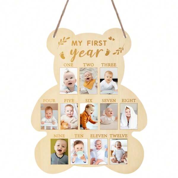 1Pc First Year Milestone Newborn Photo Display Wall Hanging Decor, Cute Bear Shape Wooden Sign Pendant Hanging, New Generation Growth Month Photo Desktop Decoration Ornaments, Home Decor, Holiday Gifts