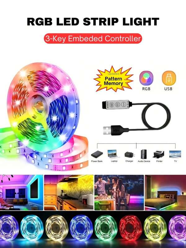 1pc RGB 3535 LED Strip Light, 3.3ft-50ft / 1m-15m Led Licht USB 3-Key Controller Led Lights, Easy Install LED TV Background Lighting For Holiday Party Decor, Bedroom Decor Home Atmosphere Decor Living Room, Bedroom, TV Backlight