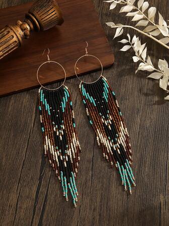 Handmade Beaded Earrings, Bohemian Style Earrings, Vintage Round Circle Black Brown Green Color Tassel Drop Earrings, Women Fashion Earrings, Spring Summer New, Everyday Vacation Versatile, Holiday Thanksgiving Mother's Day Valentine's Day Friend Gift