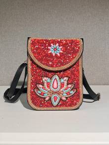 Must-Have For Summer Vacation! Blue Palm Tree Beaded Phone Pouch - Lightweight And Spacious, Fits Phone/Keys/Lipstick/Tissues! Island-Inspired Beaded Design With 3D Effect, Versatile For Outings And Street Walks, Handcrafted Intricate Yet Practical! - Red - View 3