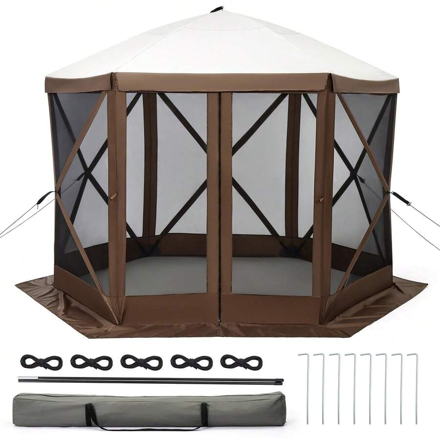 10x10FT 6-Sided Pop Up Gazebo Tent,Camping Gazebo,Waterproof UV Protected Screen Tent,Portable Camping Canopy Sun Shelter With Carry Bag,Guy Ropes & Stakes,For Outdoor Camping,Lawn And Backyard - Brown - View 1