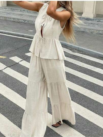 Woman Fashion Spring Summer Sleeveless Lace Up Top Casual Slim Loose Hanging Flared Pants Suits