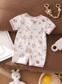 Summer Fresh Sweet Female Baby Clothes Floral Print Crew Neck Short Sleeve Comfortable Jumpsuit Everyday Casual Wear Girl Clothes One Piece