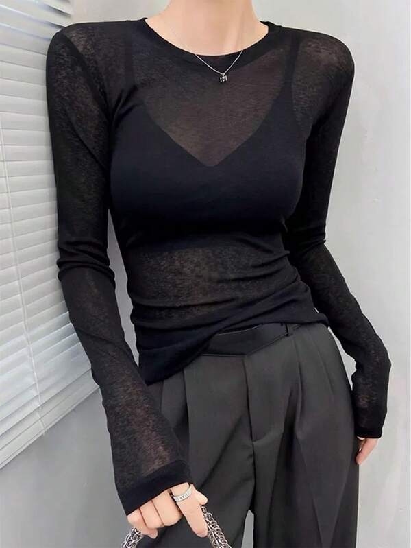 Y2K Stretchy Transparente Manga Comprida Gola Redonda Slim Fit T-Shirt Saindo Tops