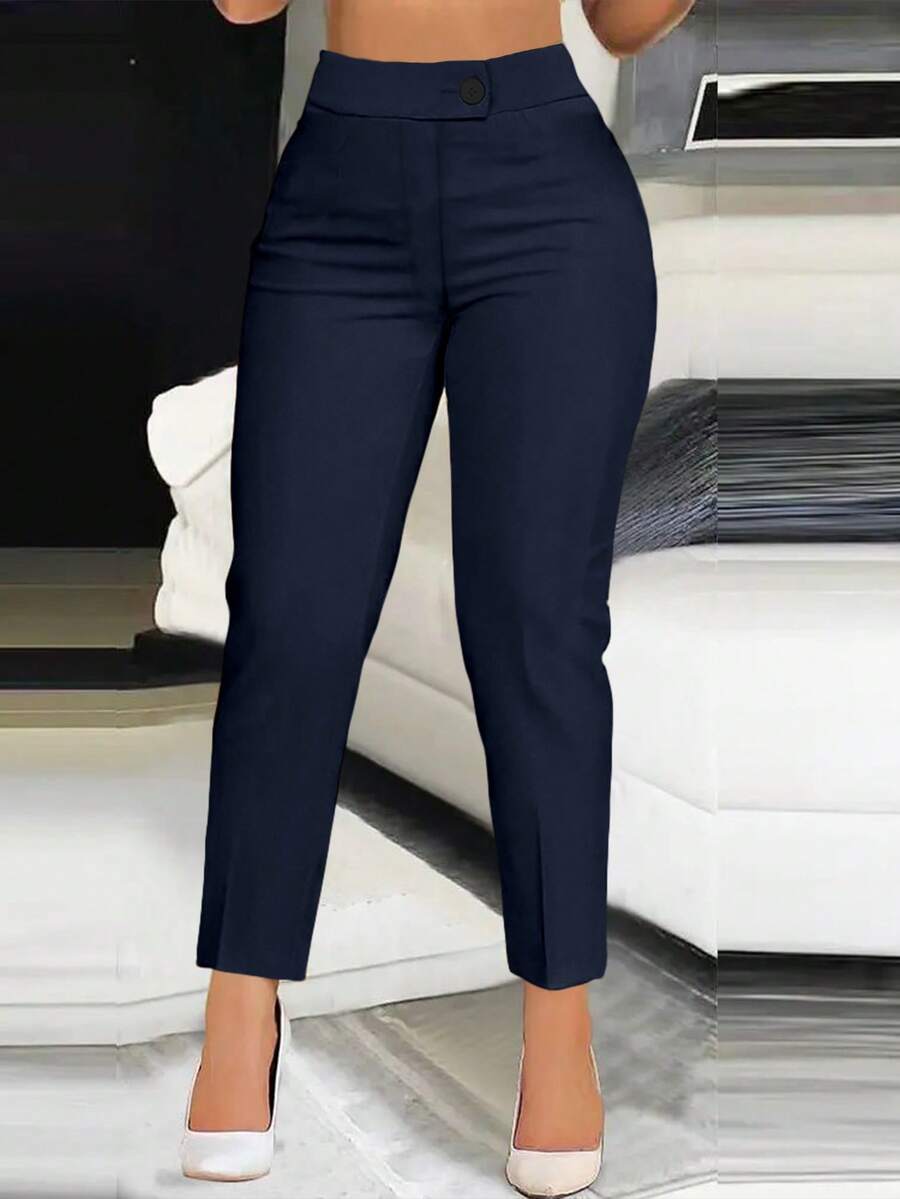 Women's Solid Color Slim Fit Casual Work Pants - Navy Blue - View 1