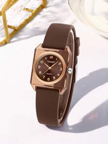 1pc Women Fashion Minimalist Art Style Silicone Band Quartz Movement Wrist Watch, Suitable For Everyday Wear - 咖啡棕 - 查看 1
